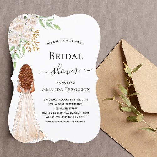 Bride white florals greenery dress bridal shower invitation