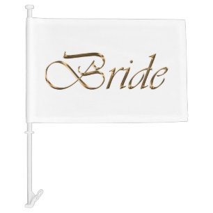 Bride white gold script calligraphy elegant chic car flag