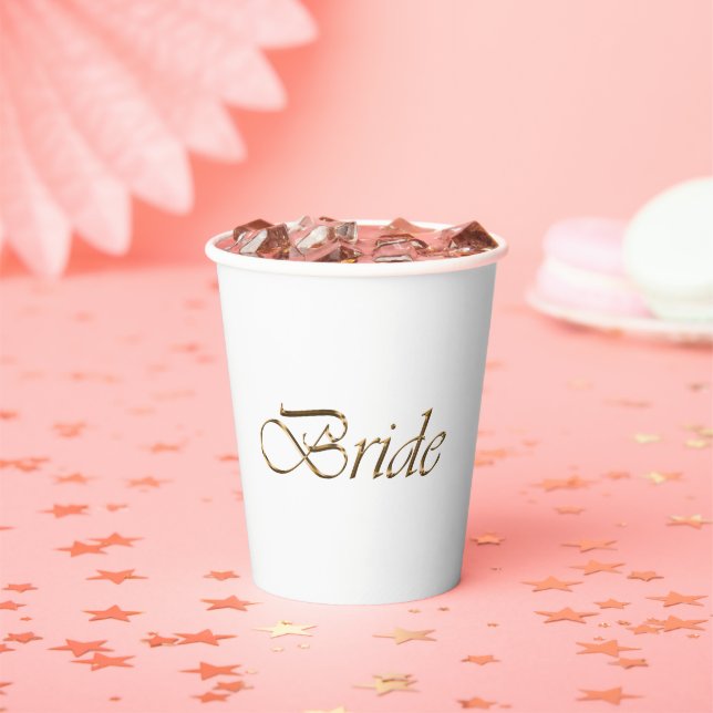 Bride white gold script calligraphy elegant chic paper cups (Insitu)