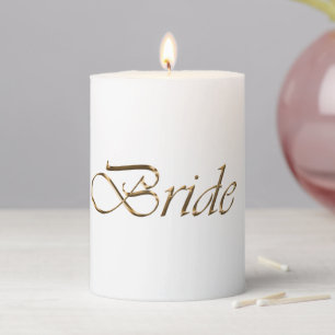 Bride white gold script typography elegant chic pillar candle