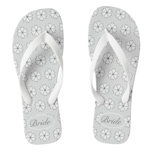 Bride White Heart Flower Pattern on Silver Flip Flops