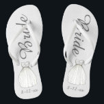 BRIDE White Princess Wedding Dress Gown Flip Flops<br><div class="desc">Flip flops feature an original marker illustration of a pretty white wedding dress, with BRIDE in a fun font. Great little gift for the bride! Simply personalize with the date of your event. Coordinating designs available for other bridal party members. Designer is available to create and upload custom designs to...</div>