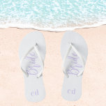 Bride white violet lavender monogram initials flip flops<br><div class="desc">A white background. Personalize and add your monogram letters.  Violet,  lavender colored letters.</div>
