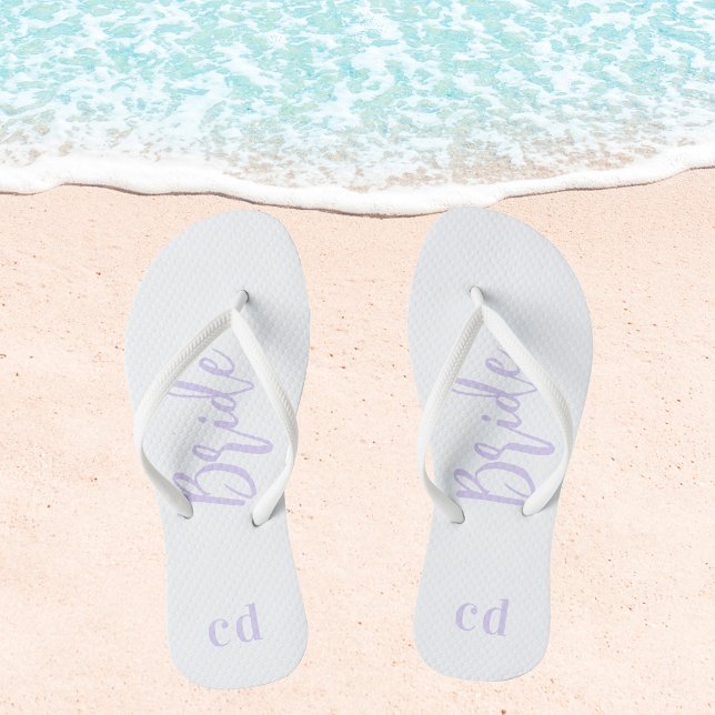 Bride white violet lavender monogram initials flip flops (Creator Uploaded)