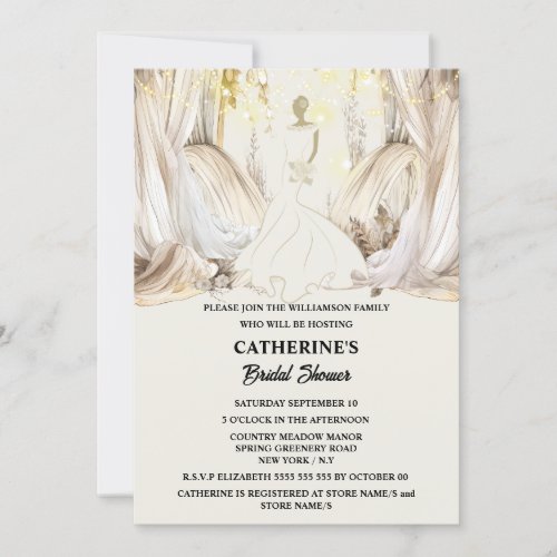 Bride white wedding dress string lights drapes invitation