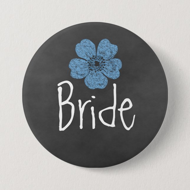 Bride Wild Blue Roses Chalkboard Button (Front)