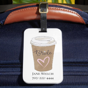 Bride with Brown Coffee Cup Pink Heart Luggage Tag