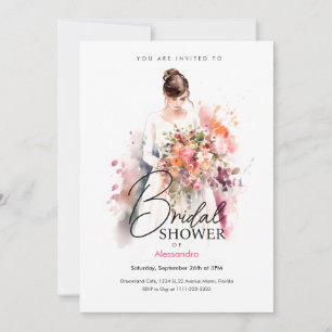 Bride with Flowers in Watercolor Bridal Shower Invitation