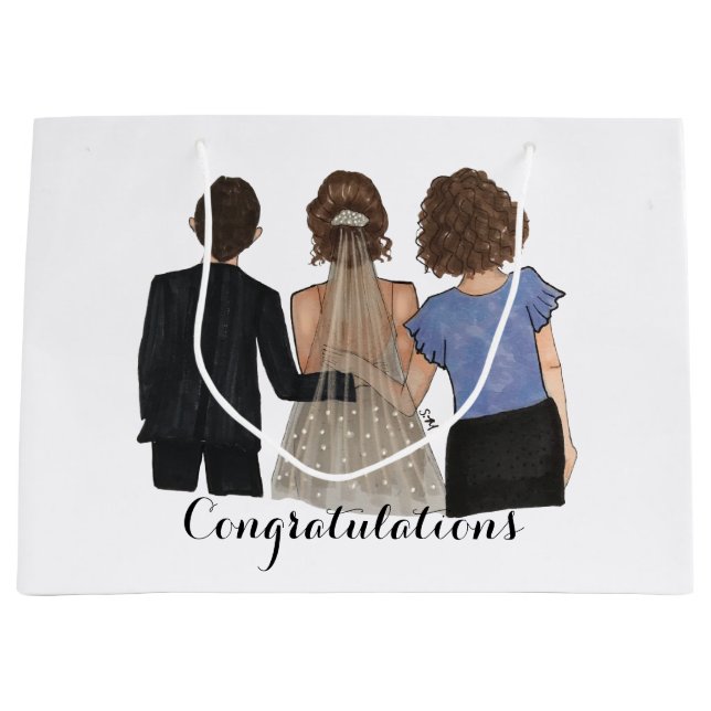 Bride with Parents Illustration Wedding  Large Gift Bag (Front)