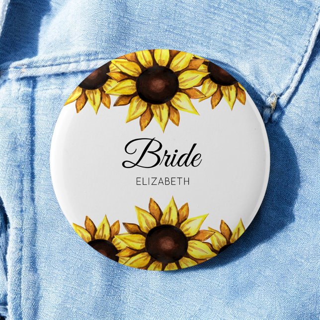 Bride Yellow Sunflower White Wedding Button (Creator Uploaded)