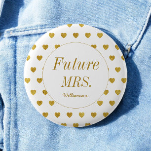 Bride Yellow White Future Mrs Hearts Pattern Button