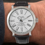 Bridegroom's Wedding Day Commemorative Watch<br><div class="desc">Wedding day commemoration. Commemorative watch for a bridegroom. A men's watch in recognition of a bridegroom's wedding day. Add details of the name of the bride and bridegroom,  as well as the date and place of marriage.</div>