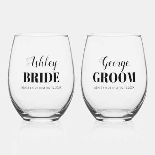 Brides and grooms names black typography wedding stemless wine glass