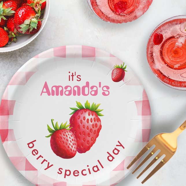 Bride's Berry Special Day Strawberry Retro Gingham Paper Plates (Bride name berry special day paper plate food decor strawberry fruit bahelorette hen party picnic )