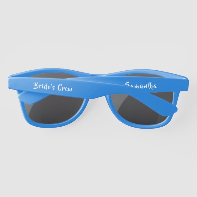 Brides crew bridesmaid typography blue wedding sunglasses (Back)