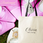 Bride's Entourage,Custom Name, Script, Wedding Tote Bag<br><div class="desc">Introducing our "Bride's Entourage" Personalized Tote Bag – the perfect blend of style, practicality, and heartfelt appreciation. Designed with love and elegance, this modern tote bag features Bridesmaid's name in a beautiful script font and can be personalized with your bestie's name, making it a one-of-a-kind keepsake. Ideal for carrying on...</div>