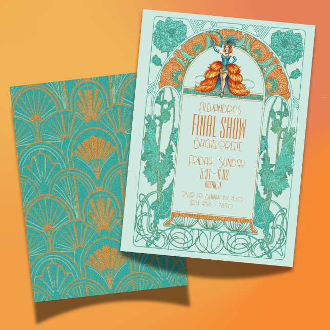 Bride's Final Show Art Deco Showgirl Bachelorette Invitation (Celebrate your Bride-to-be's final act with this Bride's Final Show Art Deco Showgirl Bachelorette!)