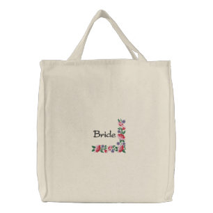 Bride's Floral Border Wedding Carry All Embroidered Tote Bag