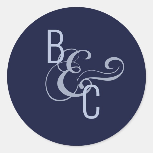 Brides Grooms Monogram Navy Blue Modern Wedding Classic Round Sticker (Front)