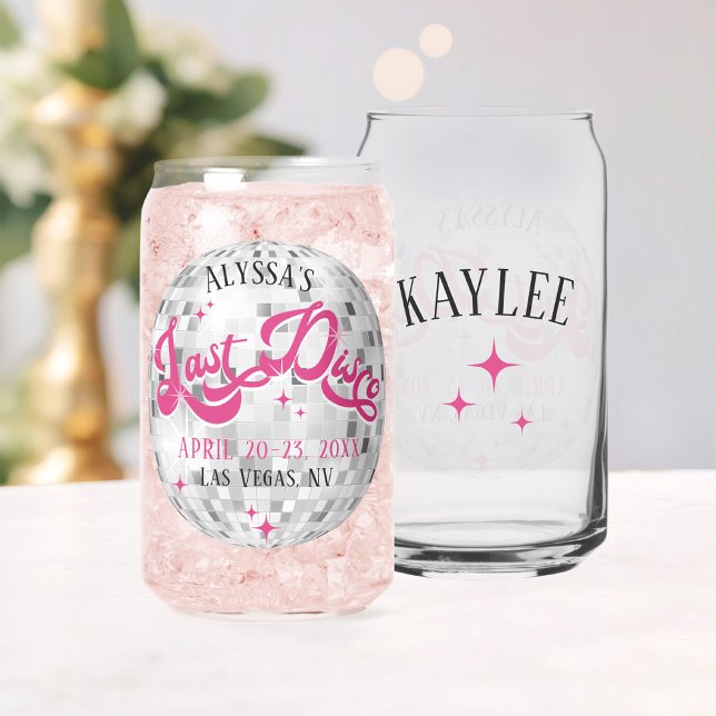 Bride's Last Disco Ball Bachelorette Party Favor Can Glass (Bride's Last Disco ball personalized bridesmaid guest name wedding bachelorette party gift glass )