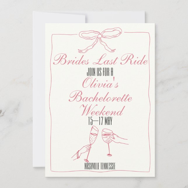 Brides Last Ride Bachelorette Weekend Itinerary Invitation (Front)