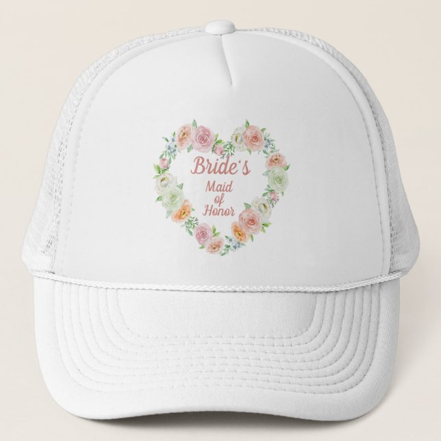 Brides Maid of Honor Pink Flower Heart Wreath Trucker Hat (Front)
