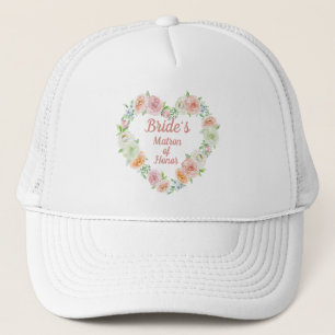 Brides Matron of Honor Pink Flower Heart Wreath Trucker Hat