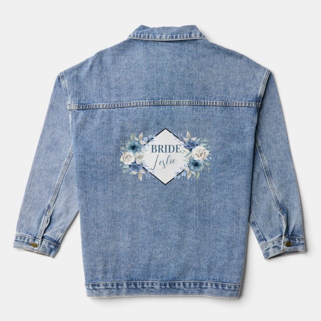 Brides Name Blue and White Flowers Geometric Frame Denim Jacket (Back)