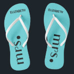Brides Reception Personalized Flip Flops<br><div class="desc">A cute addition to your destination beach or poolside wedding! Dance the night away in these comfortable bridle flip flops. Sample background color is a Tiffany, aqua blue-click "customize it" to change color. The word "Mrs.", in black with the brides name personalized. To see matching groom's flip flops- Please visit...</div>