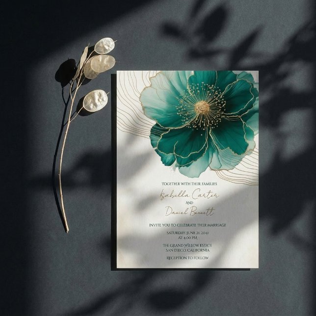 Bride's Teal Floral Gold Wedding Invitation Card (Creator Uploaded)