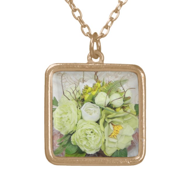 Bride's Wedding Bouquet Add Your Photo Keepsake Gold Plated Necklace (Front)