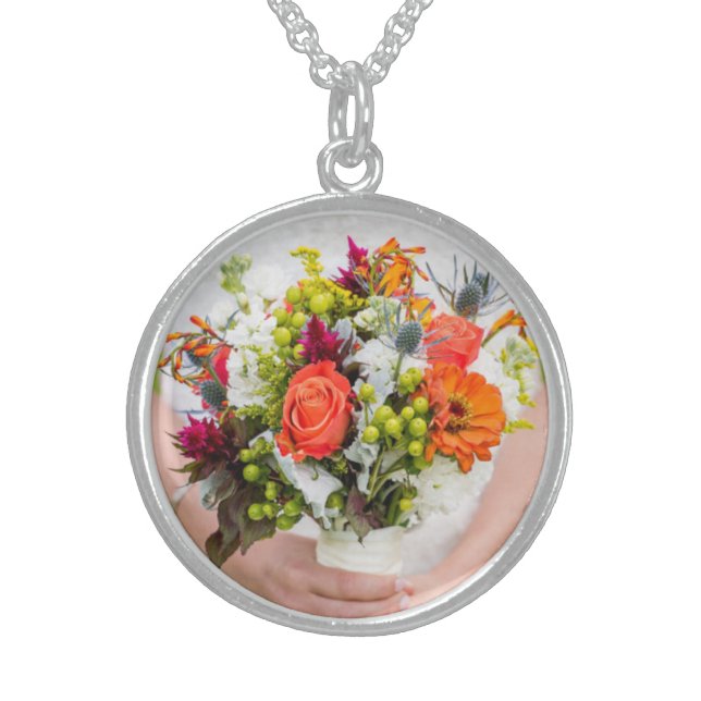 Bride's Wedding Bouquet Add Your Photo Keepsake Sterling Silver Necklace (Front)
