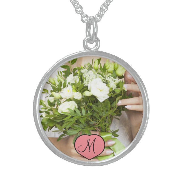 Bride's Wedding Bouquet  Photo monogram Keepsake Sterling Silver Necklace (Front)