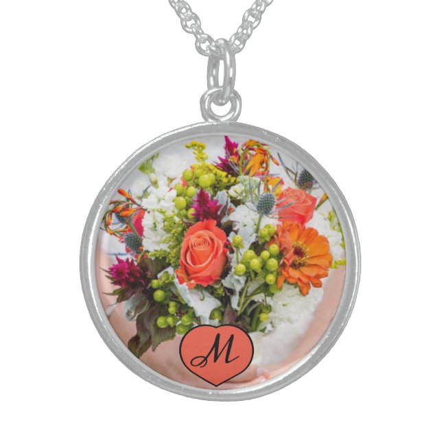 Bride's Wedding Bouquet  Photo monogram Keepsake Sterling Silver Necklace (Front)