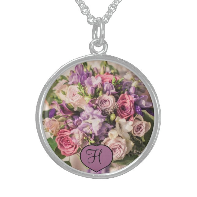 Bride's Wedding Bouquet  Photo monogram Keepsake Sterling Silver Necklace (Front)