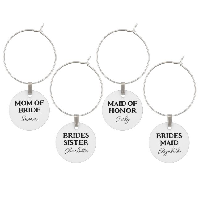 Brides Wedding Party Black And White Name Wine Charm (Staggered)