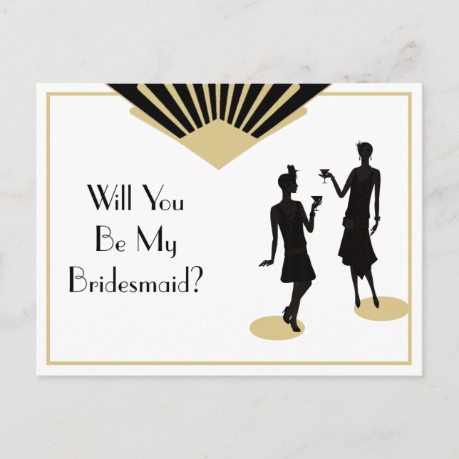 Bridesmaid Art Deco Black Gold Invitation Postcard (Front)