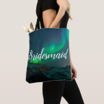 Bridesmaid Aurora Lights Script Elegant Wedding Tote Bag<br><div class="desc">Bridesmaid, Northern lights, Aurora Borealis, sky, script, typography tote bag. Perfect for Bridal shower, bachelorette.</div>