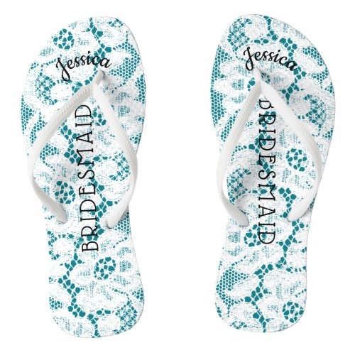 Bridesmaid Beach Wedding  Floral White Lace Aqua Flip Flops