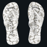Bridesmaid Beach Wedding Floral White Lace Burlap Flip Flops<br><div class="desc">Personalized, romantic floral lace, rustic beach wedding flip flop sandals- Faux vintage style, floral white lace on rustic burlap look background. Name of bridesmaid at top in curved, elegant style, script letters. Bridesmaid is printed down the middle in modern lettering. Change to fit bridal party members, such as bride, flower...</div>