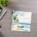 Bridesmaid beach wedding notebook<br><div class="desc">A tropical beach,  waves and palm trees,  watercolored.  Personalize and add your bridesmaid's name.   Black handwritten style script.</div>