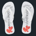 Bridesmaid Beach Wedding | Team Bride Flip Flops<br><div class="desc">Customized, romantic hearts beach wedding flip flop sandals- Scattered hearts design at bottom. Reads Team, then Bride, on other sandal in elegant style letters. Bridesmaid is printed down the middle in elegant, black letters. Change to fit bridal party members, such as flower girl or maid of honor. Personalized name at...</div>