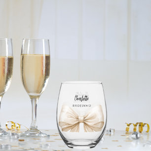 Bridesmaid beige cream bow stemless wine glass