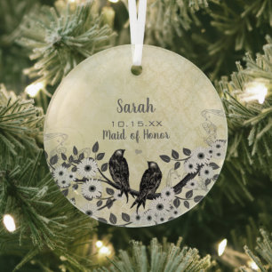 Bridesmaid Beige Ivory Tan Lace Love Bird Wedding Glass Ornament