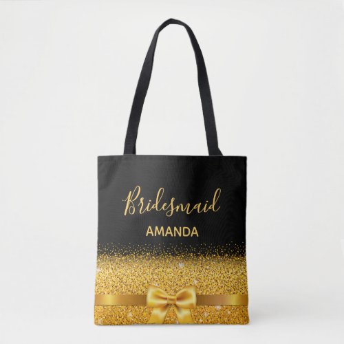 Bridesmaid black gold name bow wedding tote bag