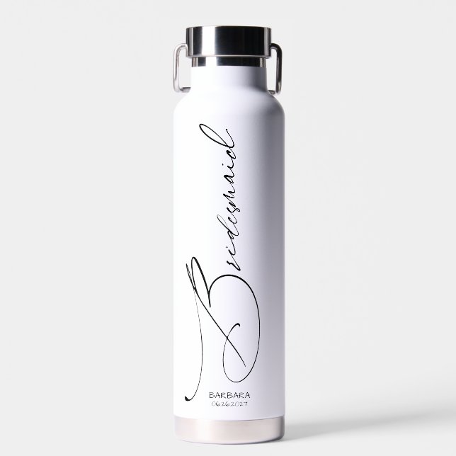 Bridesmaid | Black Modern Script Custom Water Bottle (Front)