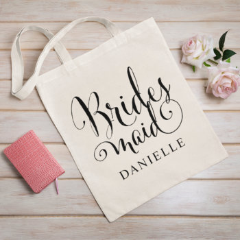 Bridesmaid Black Script Personalized Wedding Tote Bag by Plush_Paper at Zazzle