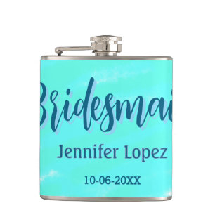 Bridesmaid blue green watercolor add name date sty flask
