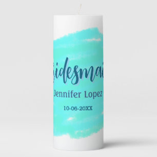Bridesmaid blue green watercolor add name date sty pillar candle