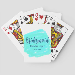 Bridesmaid blue green watercolor add name date sty poker cards